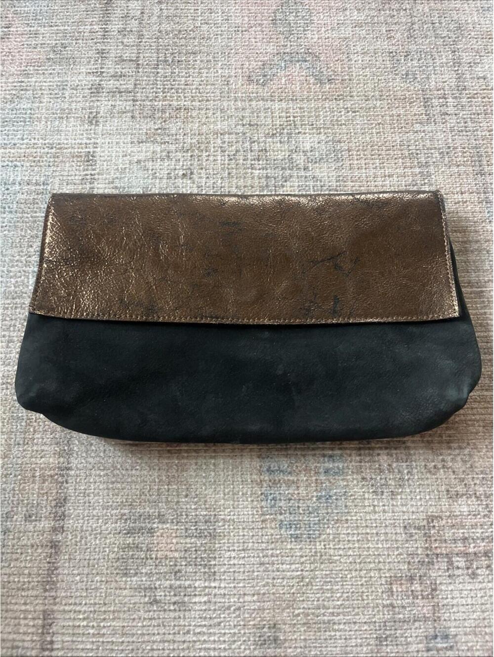 NWT Anthropologie Black Suede & Metallic Clutch Bag - 11 X 7